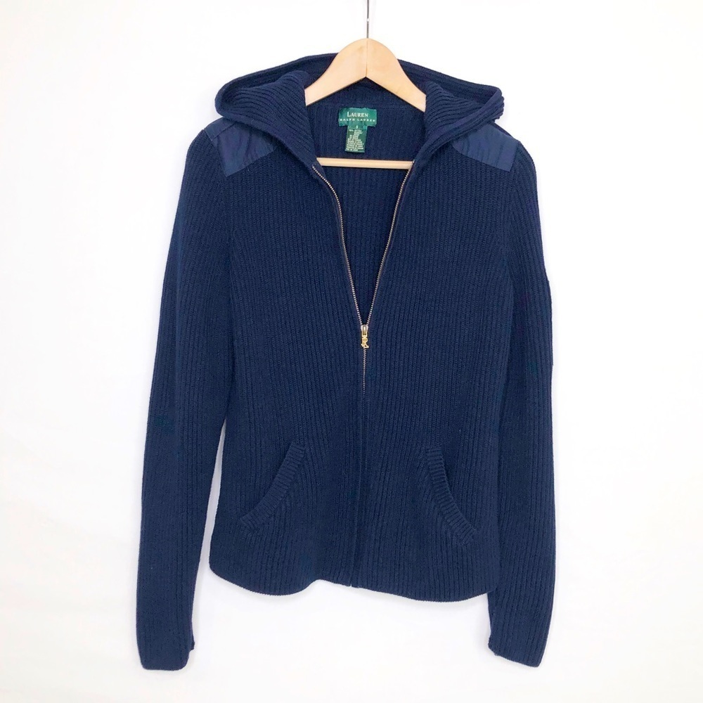 Lauren Ralph Lauren, navy blue ribbed, hooded, zip front cardigan